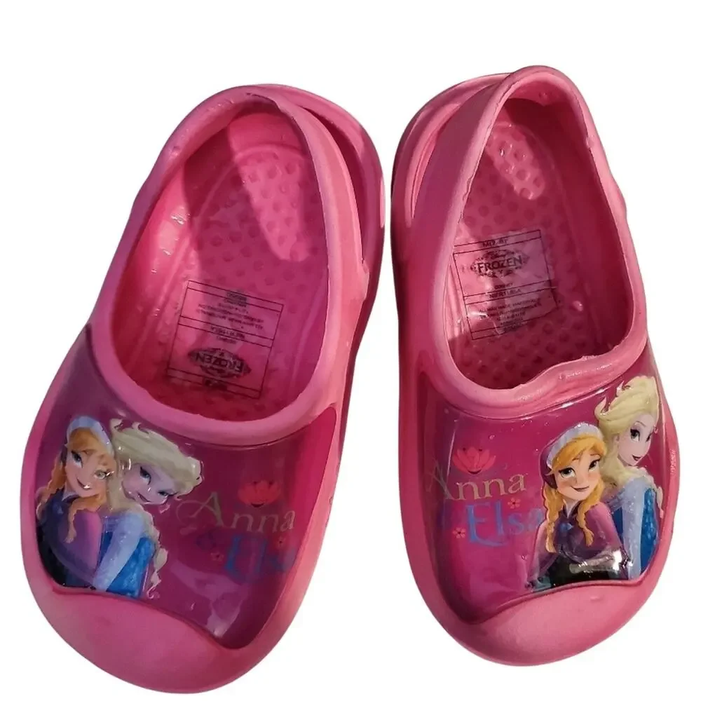 𝅺Disney Frozen Elsa & Ana CLOG style Rubber Pink Slip On shoes Size 7/8
